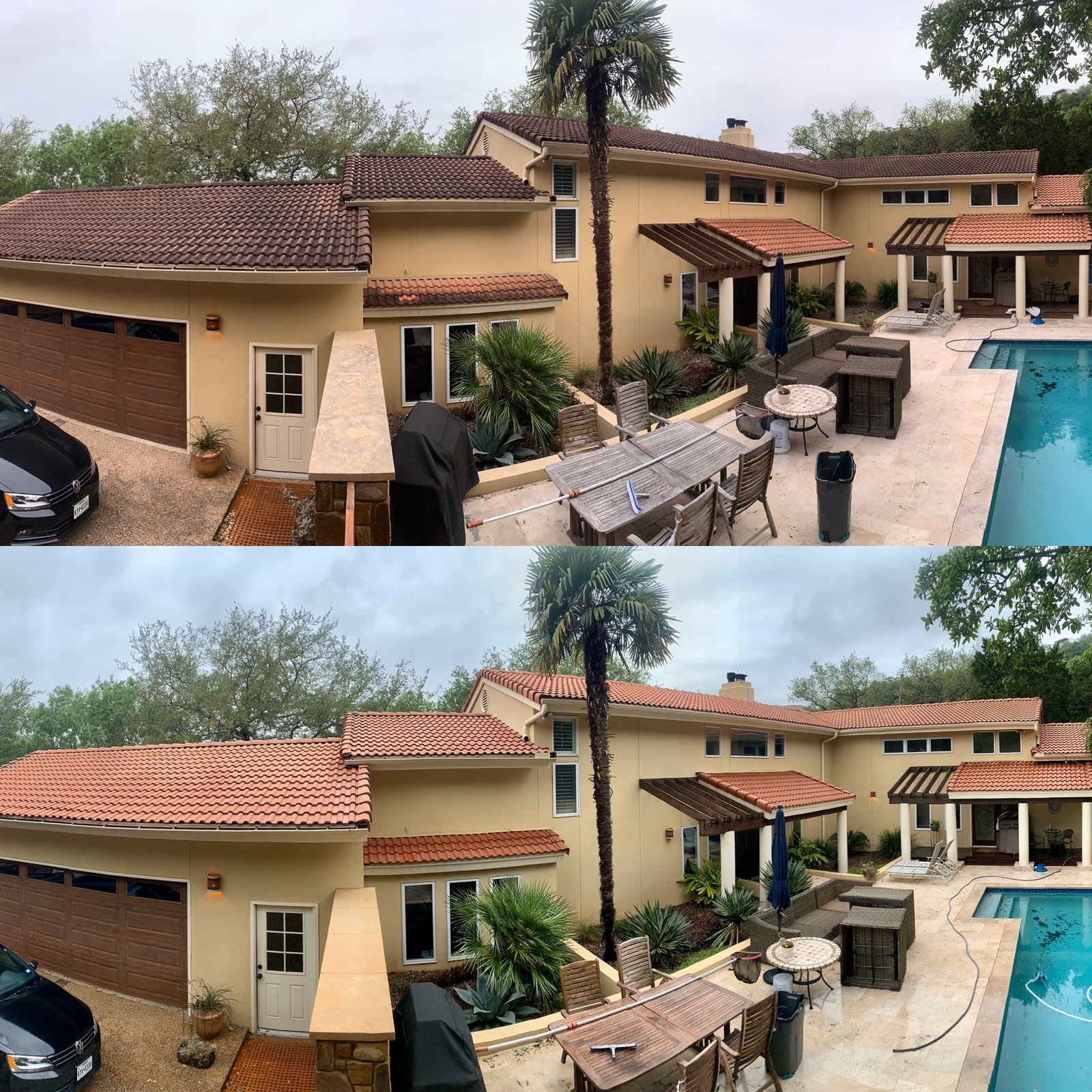 Top view before and after professional power washing of a narrow dome Spanish tile roof, highlighting the effective removal of dirt, algae, and moss for a refreshed look