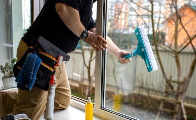 Person cleaning a window with a spray bottle and squeegee